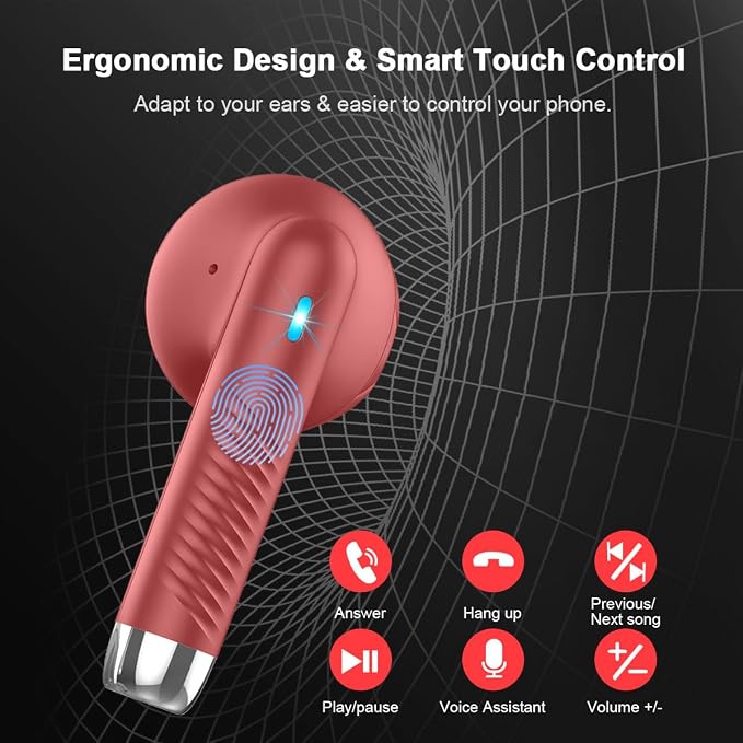 Wireless Earbuds, Bluetooth 5.4 Headphones in Ear with Noise Cancelling Mic, Bluetooth Earbuds Stereo Bass, IP7 Waterproof Sports Earphones, 32H Playtime USB C Charging Ear Buds Red for Android iOS | Bluetooth Earbuds Stereo Bass, IP7 Waterproof Sports... - Image 6