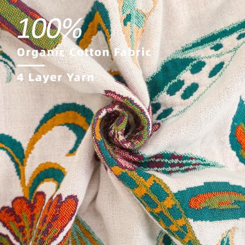VANJOROY Queen Boho Throw Blanket for Bed, 100% Cotton Muslin Soft Throw-Floral Farmhouse Rustic Decor Blanket for Couch Sofa Quilt and Gift, 80" x 90"-BeigeWhite - Image 6