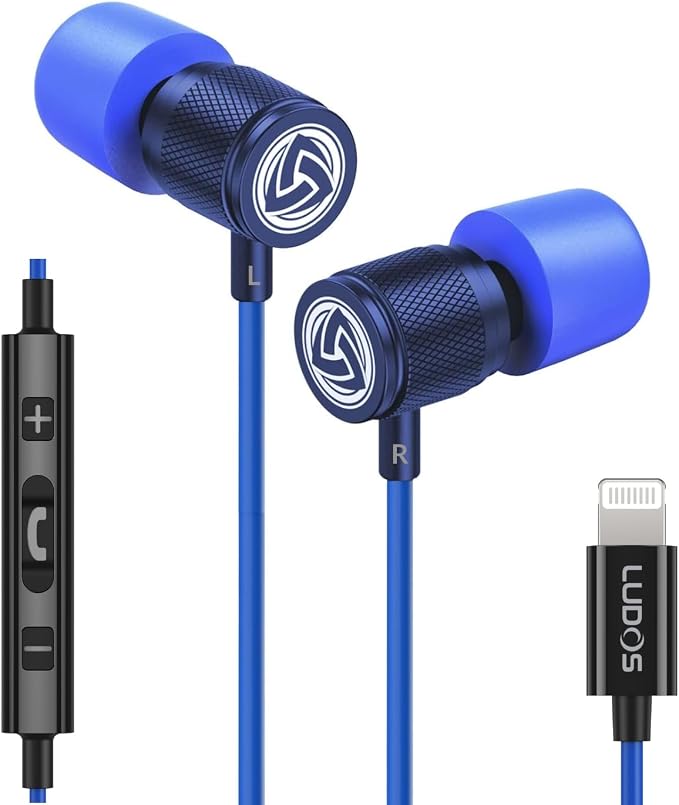 LUDOS Ultra iPhone Wired Headphones Earbuds Earphones with Lightning Connector Apple MFi Certified, 5 Years Warranty, for iPhone 14 13 12 11 Pro Max X XS XR 8 7 Plus with Microphone Control - Blue by Ludos