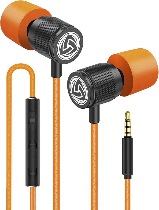 LUDOS Ultra Wired Earbuds in-Ear Headphones, 5 Years Warranty, Earphones with Microphone, Noise Isolating Ear Buds, Memory Foam for iPhone, Samsung, School Students, Kids, Women, Small Ears - Orange by Ludos
