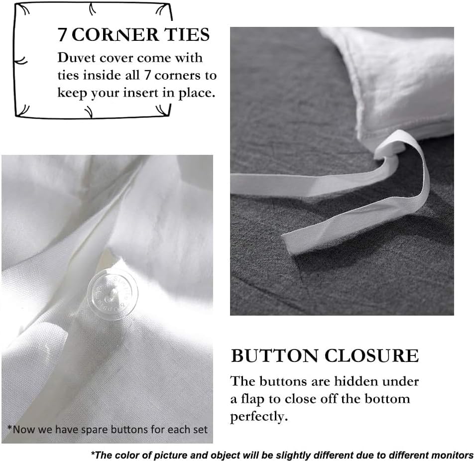 Simple&Opulence 100% Linen Duvet Cover Set with Embroidery Border Washed - 3 Pieces (1 Duvet Cover with 2 Pillow Shams) with Button Closure Soft Breathable Farmhouse - White, Full Size - Image 3