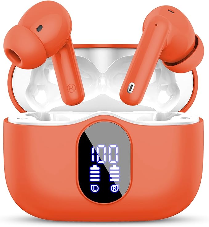 Wireless Earbuds, Bluetooth 5.4 Headphones Bass Stereo/Clear Calls, Orange | Ear Buds with Noise Cancelling Mic LED Display in Ear Earphones IP7 Waterproof 36H Bluetooth Earbuds for Phones/Sport/Laptop by Btootos
