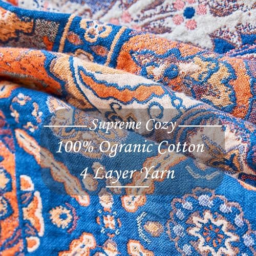 VANJOROY Boho Throw Blanket for Bed Couch 91" x 98", 100% Organic Cotton Skin-Friendly Ultra Soft Quilt Throw - Floral Rustic Living Room Decor Luxury Reversible Blanket for Sofa Chair and Gift - Image 6