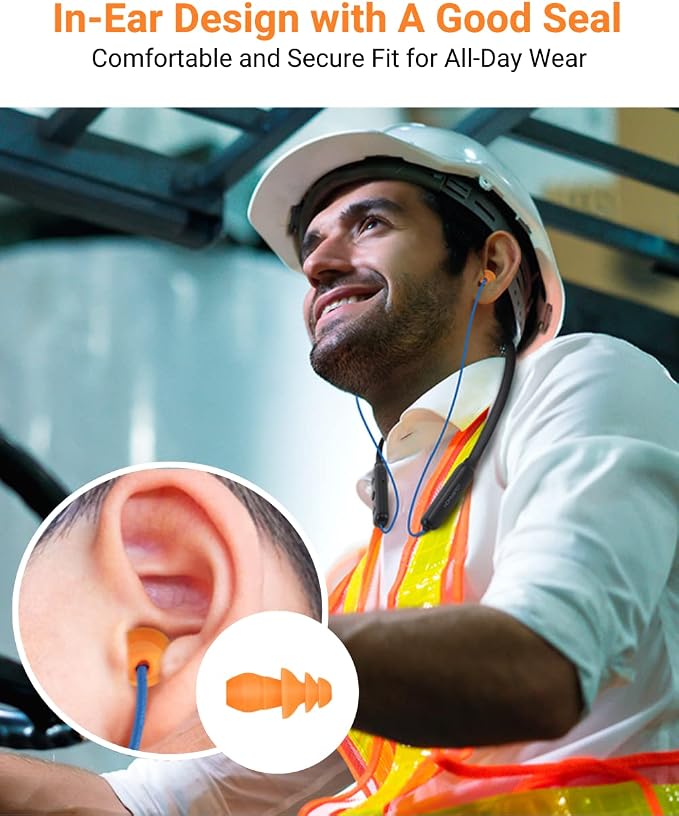 Bluetooth Work Headphones, OSHA-Compliant, 27dB NRR, 24H Playtime | Noise-Reduction Safety Earbuds | Bluetooth 5.4, 100 ft | aptX HD | Soft 3-Flange Silicone Ear Tips | Blue-Orange - Image 4