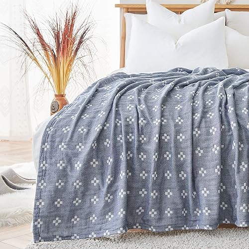 jinchan 100% Cotton Muslin Blanket Twin Boho Throw Blanket 50x60 Denim Blue by JINCHAN