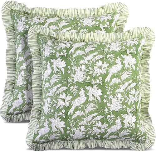 CPC Olive Green Ruffle Throw Pillow Covers for Couch, 24x24 Inch Cotton Stripe Ruffle Couch Pillows for Living Room, Hidden 20 Inch Zipper Boho Pillow Case or Cute Outdoor Pillows by COTTONPRINTCLUB