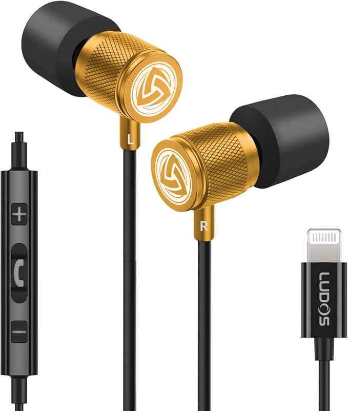 LUDOS Ultra iPhone Wired Headphones Earbuds Earphones with Lightning Connector Apple MFi Certified, 5 Years Warranty, for iPhone 14 13 12 11 Pro Max X XS XR 8 7 Plus with Microphone Control - Gold by Ludos
