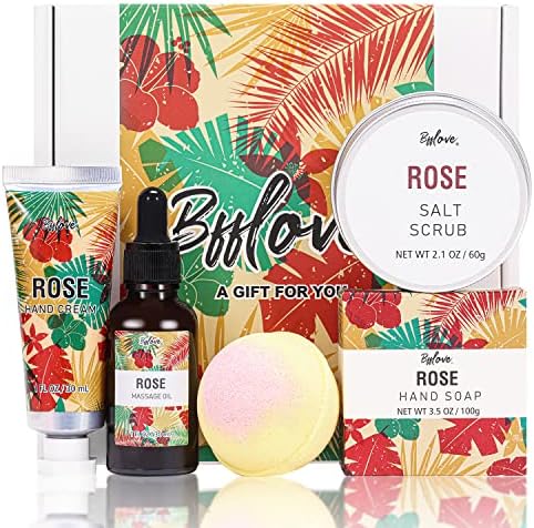 Spa Gifts for Women, Gift Set, Self Care Kit, Birthday Gifts, 5pc Rose Bath Sets Include Massage Oil, Bath Bomb, Salt Scrub, Soap, Hand Cream, Christmas Gifts for Mom by BFFLOVE