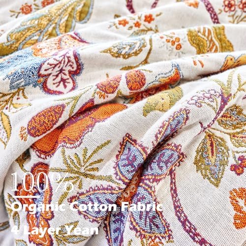 VANJOROY Boho Throw Blanket, 100% Organic Cotton Breathable Ultra Soft 91" x 108" King Bed Quilt Throw - All Season Floral Rustic Farmhouse Decor Luxury Blanket for Sofa Couch Chair and Gift - Image 6