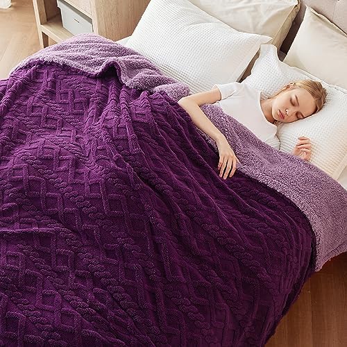 Bedsure Gentlesoft Sherpa Fleece Throw Blanket for Couch - Fluffy & Cozy Cable Jacquard Tufted Throw for Women Gift, Thick and Warm Blankets for Winter, Purple, 50x60 Inches - Image 5