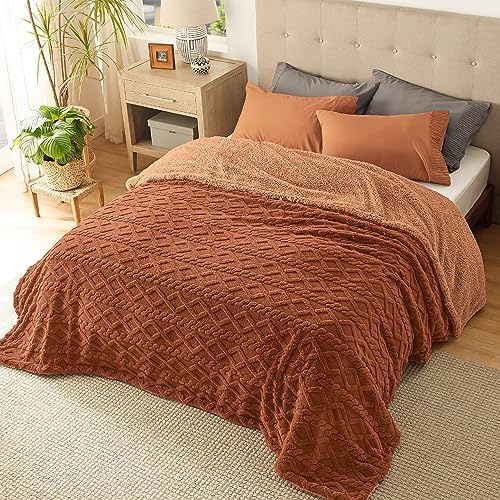Bedsure Sherpa Fleece Blanket, Cable Jacquard Tufted, Warm, Orange, Queen by Unknown