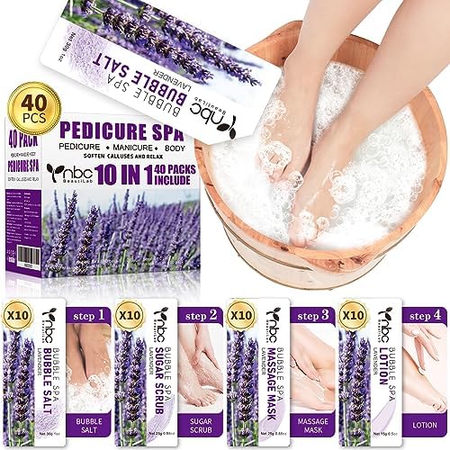 40 PCS Foot Soak, Pedicure Kit Foot Soak Set With Bubble Salt, Sugar Scrub, Massage Mask, Massage Lotion In a Box 4 Step Foot Spa Kit For Dry Cracked Feet, Tired Feet,10 Set Lavender by nbcBeautiLab