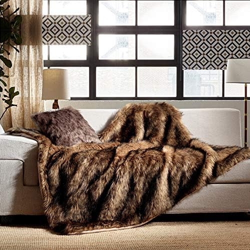 Luxury Plush Faux Fur Throw Blanket, Long Pile Brown with Black Tipped Blanket, Super Warm, Fuzzy, Elegant, Fluffy Decoration Blanket Scarf for Sofa, Armchair, Couch and Bed, 50''x 60'' - Image 2