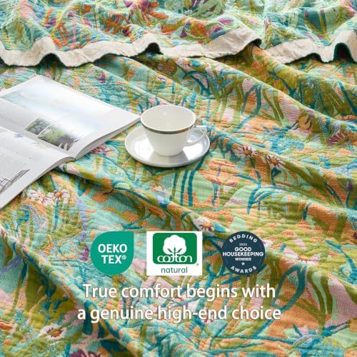 VANJOROY King Boho Throw Blanket, 100% Organic Cotton Breathable Skin-Friendly Ultra Soft 91" x 98" Bed Quilt Green Leaf Throw - Floral Rustic Luxury Reversible Blanket for Sofa Couch Chair and Gift - Image 6