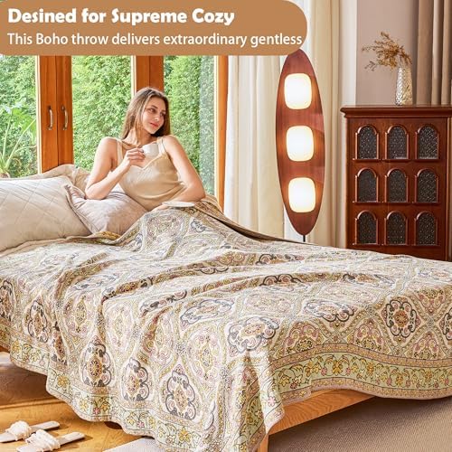 VANJOROY Boho Throw Blanket, 100% Organic Cotton Breathable Ultra Soft 91" x 108" King Bed Quilt Throw - All Season Floral Rustic Farmhouse Decor Luxury Blanket for Sofa Couch Chair and Gift - Image 4