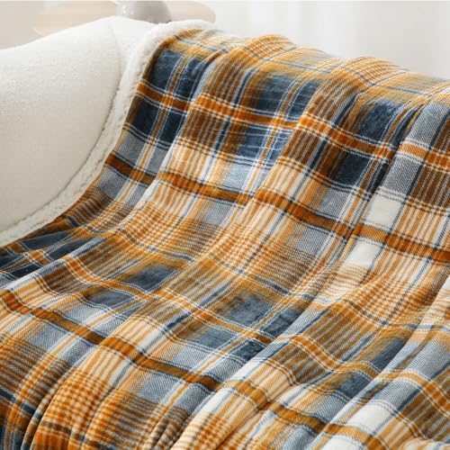 PU MEI Sherpa Blanket Twin Plaid Thick Bed Blanket, 60”*80” Super Soft Flannel Fuzzy Fleece Reversible Velvet Plush Warm Blanket for Couch (Blue Yellow Check) - Image 5