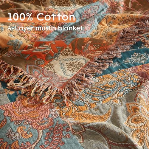Boho Throw Blanket for Bed 80”x90”, 100% Cotton Blanket for Couch Sofa - Image 6