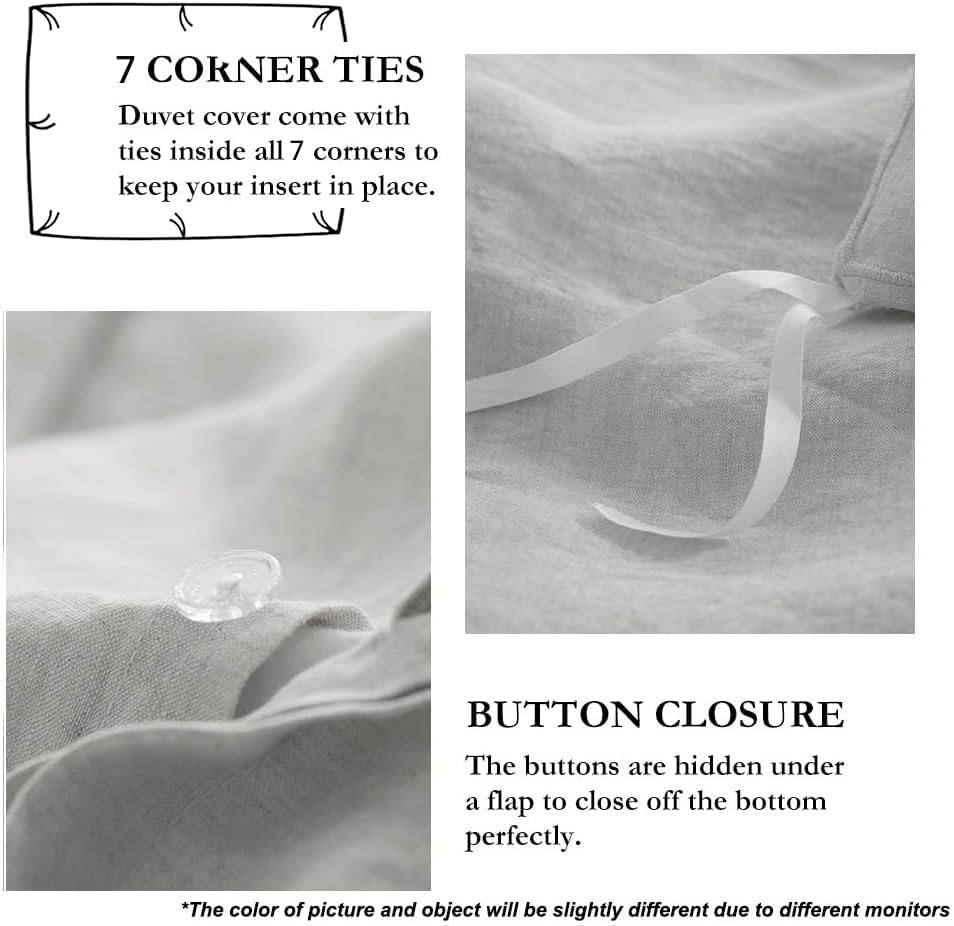 Simple&Opulence 100% Linen Duvet Cover Set with Embroidery Border Washed - 2 Pieces (1 Duvet Cover & 1 Pillow Sham) with Button Closure Soft Breathable Farmhouse - Light Grey, Twin Size - Image 3