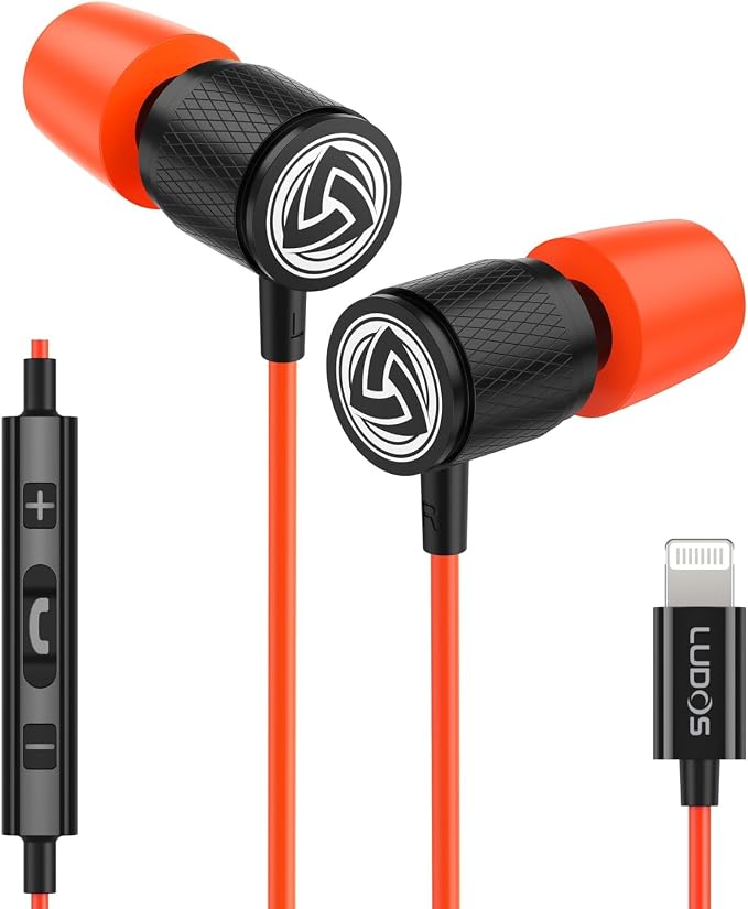 LUDOS Ultra iPhone Wired Headphones Earbuds Earphones with Lightning Connector Apple MFi Certified, 5 Years Warranty, for iPhone 14 13 12 11 Pro Max X XS XR 8 7 Plus with Microphone Control - Coral by Ludos