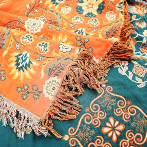 VANJOROY Boho Large Throw Blanket, 100% Organic Cotton Breathable Soft Bed Throw - Floral Farmhouse Decor Blanket for Sofa Couch Chair and Gift. 91" x 98"- Orange - Image 5