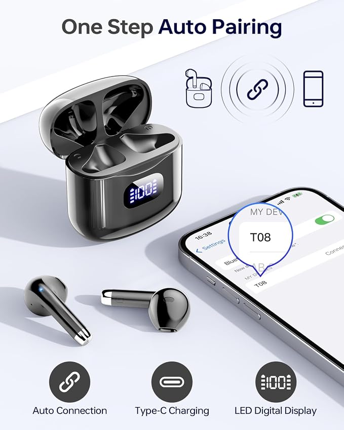 KTGEE Wireless Earbuds Bluetooth 5.3 Ear Buds Headphones, 40Hrs Playback | Stereo Sound, LED Display, IPX7 Waterproof, Compact In-ear Earphones with Mic for Phone Tablet Sport, Charcoal - Image 6