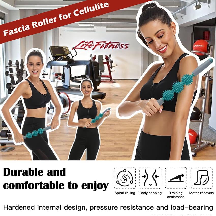 Fascia Muscle Roller, Cellulite Massager Fascia Roller for Cellulite and Sore Muscles, Leg, Back, Pressure Trigger Point Body Roller Deep Tissue Massage Stick Tools, 3 Massage Balls, Dark Green - Image 2