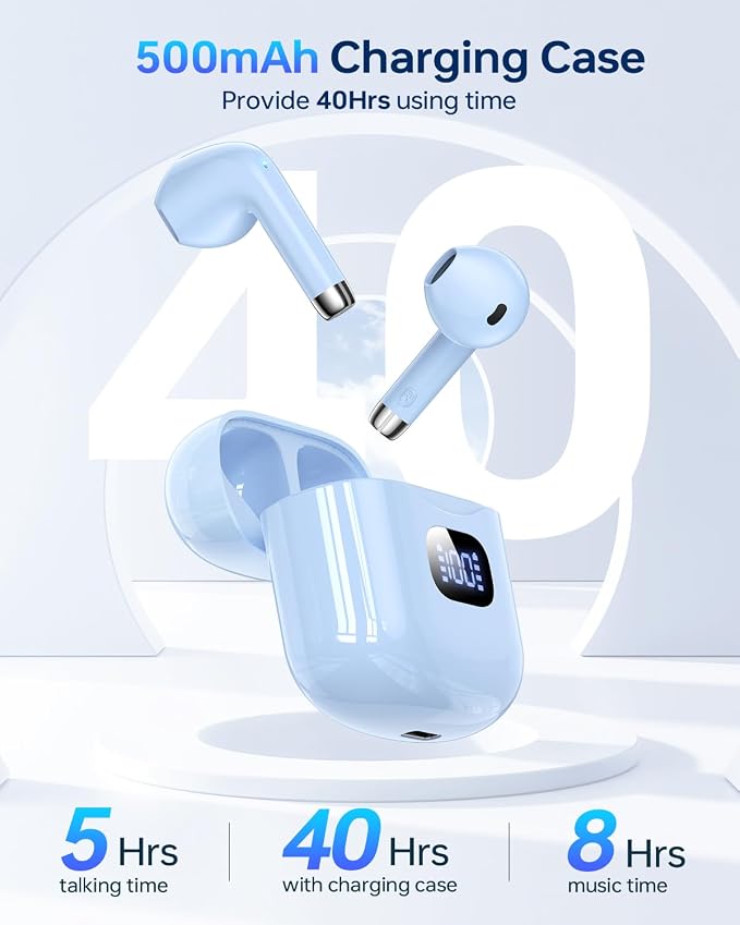 KTGEE Wireless Earbuds Bluetooth 5.3 Ear Buds Headphones, 40Hrs Playback | Stereo Sound, LED Display, IPX7 Waterproof, Compact In-ear Earphones with Mic for Phone Tablet Laptop Sport, Blue - Image 5