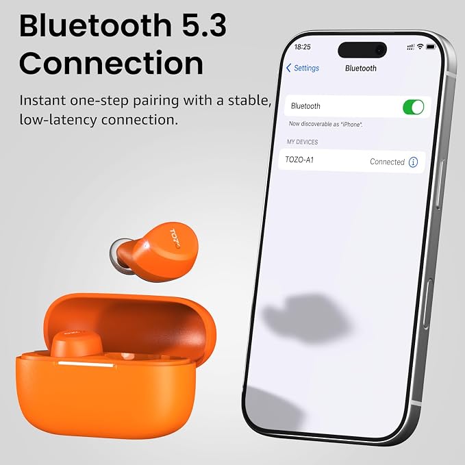TOZO A1 Wireless Earbuds Bluetooth 5.3 Light Weight in Ear Headphones | IPX5 Waterproof,2 Mics for AI Calls,Immersive Premium Sound Bass Headset with Charging Case,32 EQ via App Orange - Image 9