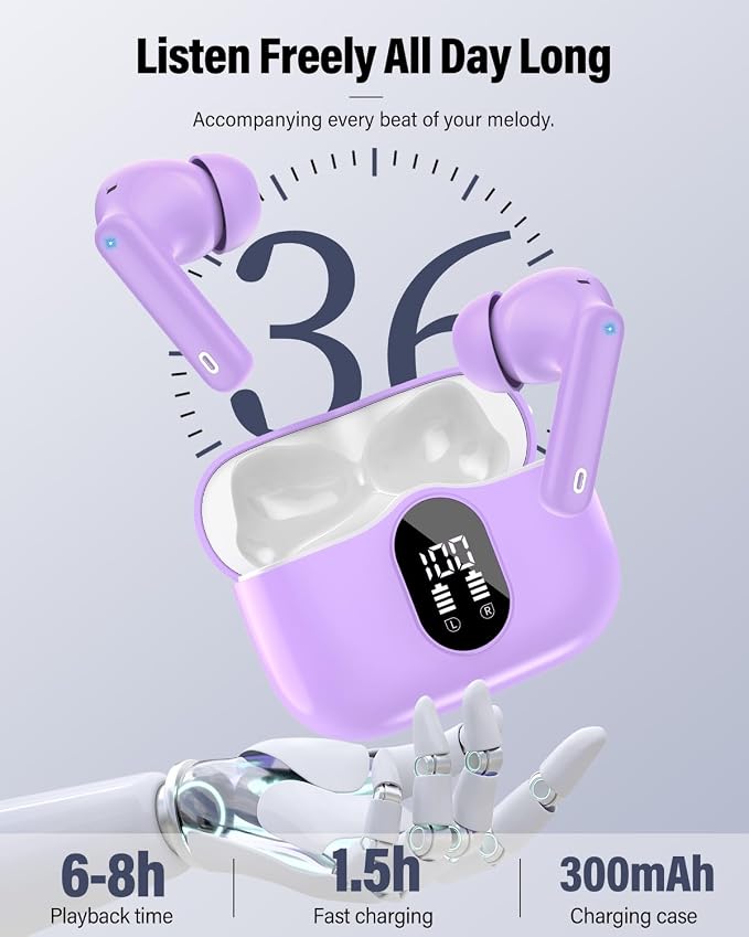 Wireless Earbuds, Bluetooth 5.4 Headphones Bass Stereo/Clear Calls, Purple | Ear Buds with Noise Cancelling Mic LED Display in Ear Earphones IP7 Waterproof 36H Bluetooth Earbuds for Phones/Sport/Laptop - Image 7