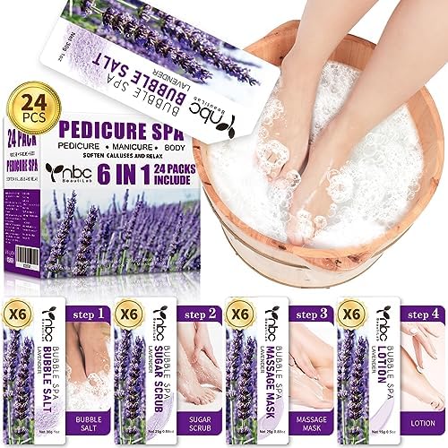 24 PCS Foot Soak, Pedicure Kit Foot Soak Set With Bubble Salt, Sugar Scrub, Massage Mask, Massage Lotion In a Box 4 Step Foot Spa Kit For Dry Cracked Feet, Tired Feet, 6 Set Lavender by nbcBeautiLab