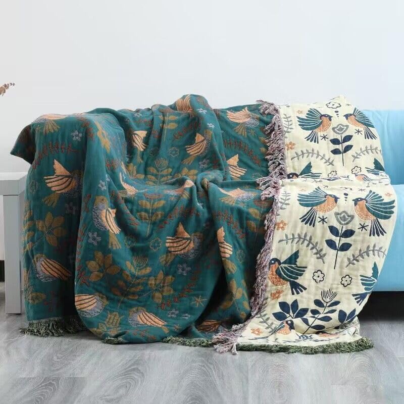 100% Muslin Cotton Throw Blanket for Couch Bed Adults Kids, Boho Floral Bird Retro Fringed Quilt Ultra Soft Reversible Gauze Blanket for All Season (Blue,60"x80") - Image 2
