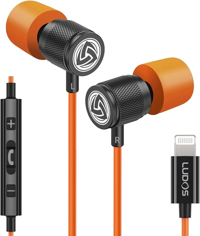 LUDOS Ultra iPhone Wired Headphones Earbuds Earphones with Lightning Connector Apple MFi Certified, 5 Years Warranty, for iPhone 14 13 12 11 Pro Max X XS XR 8 7 Plus with Microphone Control - Orange by Ludos