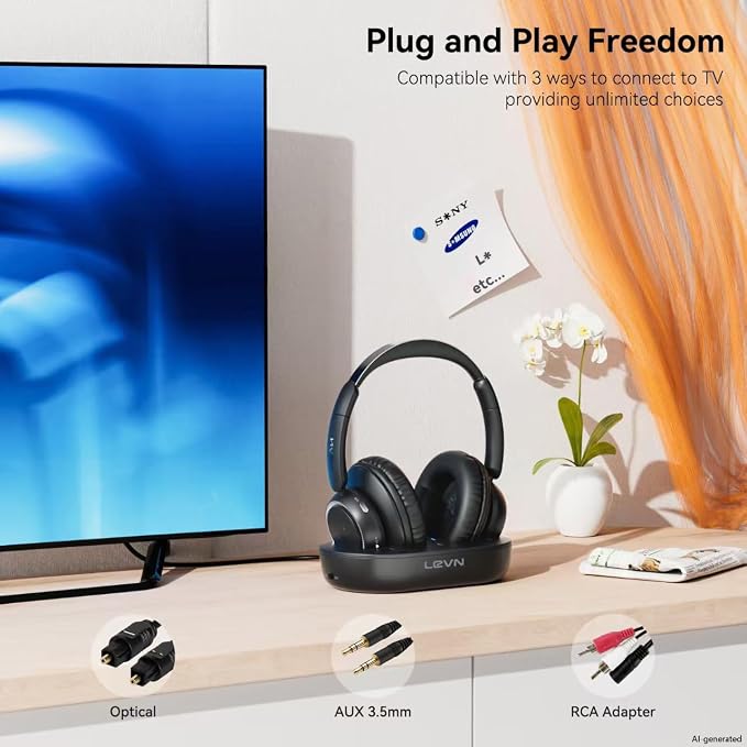 LEVN Wireless Headphones for TV Watching, TV Headphones Wireless for Seniors with Transmitter Charging Base, Hearing-impaired, No Audio Delay Bluetooth 5.2, Plug and Play, Gifts for Elderly - Image 5