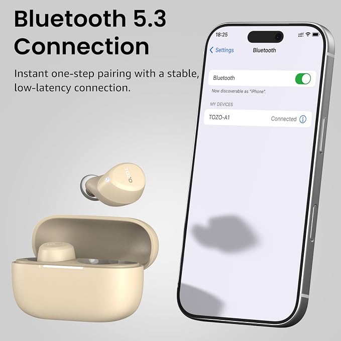 TOZO A1 Wireless Earbuds Bluetooth 5.3 Light Weight in Ear Headphones | IPX5 Waterproof,2 Mics for AI Calls,Immersive Premium Sound Bass Headset with Charging Case,32 EQ via App Light Khaki - Image 9