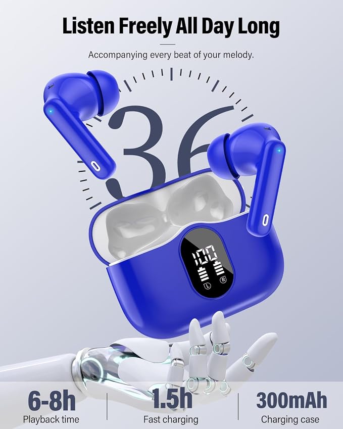 Wireless Earbuds, Bluetooth 5.4 Headphones Bass Stereo/Clear Calls, Blue | Ear Buds with Noise Cancelling Mic LED Display in Ear Earphones IP7 Waterproof 36H Bluetooth Earbuds for Phones/Sport/Laptop - Image 7