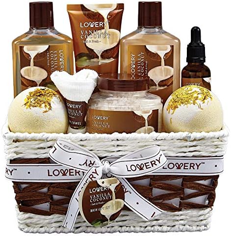 Gifts For Women Gift Basket for Women– 9 Piece Set of Vanilla Coconut Home Spa Set, Luxurious Gifts for Her, Bath and Body Sets Includes Fragrant Lotions, Large Bath Bombs, Coconut Oil by LOVERY