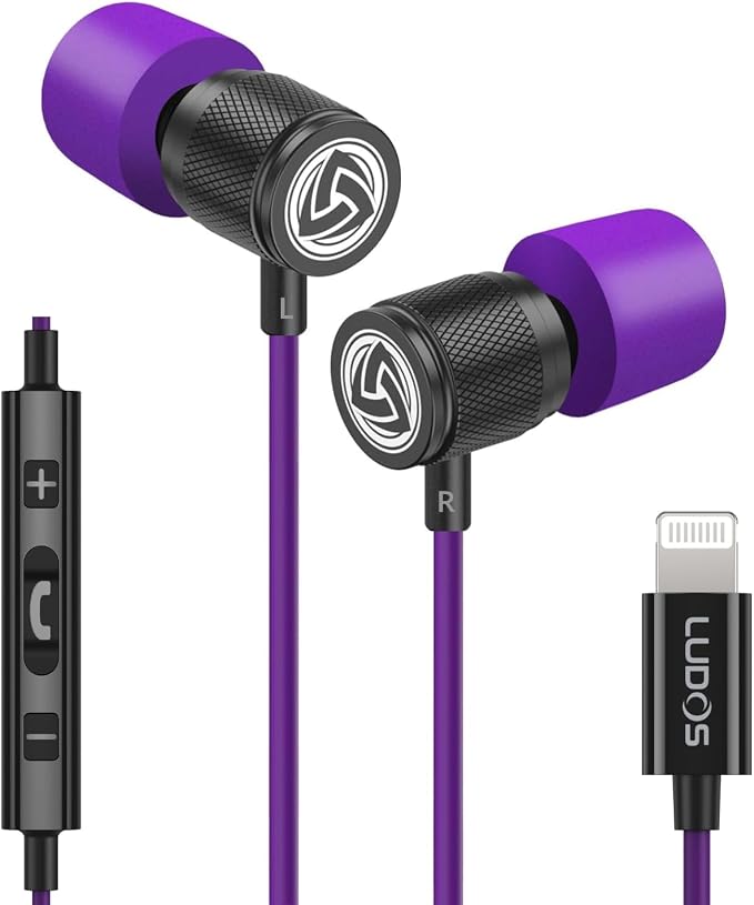 LUDOS Ultra iPhone Wired Headphones Earbuds Earphones with Lightning Connector Apple MFi Certified, 5 Years Warranty, for iPhone 14 13 12 11 Pro Max X XS XR 8 7 Plus with Microphone Control - Purple by Ludos