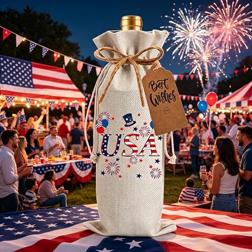 1Pcs USA Wine Gifts Bag 4th of July Independence Day Wine Bag, Celebrate New Chapter with 1Pcs Kraft Blessing Cards and natural jute rope - Image 4