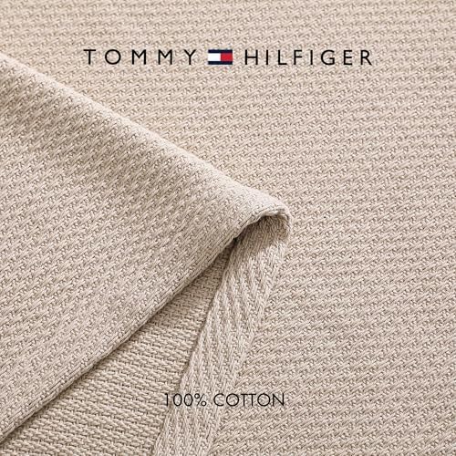 Tommy Hilfiger - Queen Cotton Blanket, Textured Pique Weave Bedding, Medium Weight Soft Blanket, Anti-Pilling & Fade Resistant, Ideal for Layering, Oeko-TEX Certified (Beige) - Image 5