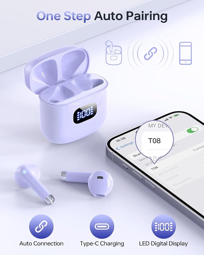KTGEE Wireless Earbuds Bluetooth 5.3 Ear Buds Headphones, 40Hrs Playback | Stereo Sound, LED Display, IPX7 Waterproof, Compact In-ear Earphones with Mic for Phone Tablet Laptop Sport, Lilac - Image 2