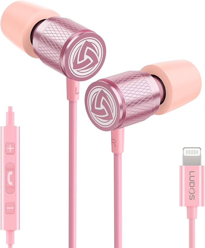 LUDOS Ultra iPhone Wired Headphones Earbuds Earphones with Lightning Connector Apple MFi Certified, 5 Years Warranty, for iPhone 14 13 12 11 Pro Max X XS XR 8 7 Plus with Microphone Control - Pink by Ludos