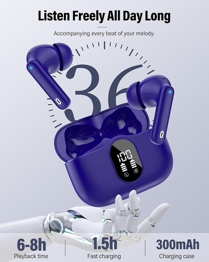 Wireless Earbuds, Bluetooth 5.4 Headphones Bass Stereo/Clear Call,Dark Blue | Ear Buds with Noise Cancelling Mic LED Display in Ear Earphones IP7 Waterproof 36H Bluetooth Earbuds for Phones/Sport/Laptop - Image 7