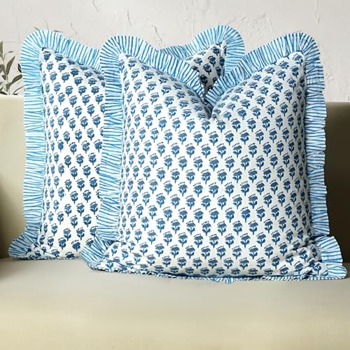 CPC Block Print Ruffle Throw Cover Apatite Blue 16"x16" Inch Pack of 2-100% Cotton Ruffle Couch Decorative Boho Pillows Case for Living Room, Bedroom, Sofa, Farmhouse Gift for Spring, Mother's Day by COTTONPRINTCLUB