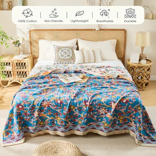 VANJOROY Boho Throw Blanket, 100% Organic Cotton Breathable Skin-Friendly Ultra Soft 50" x 60" Bed Quilt Throw - Floral Rustic Decor Luxury Reversible Blanket for Sofa Couch Chair and Gift, - Image 4