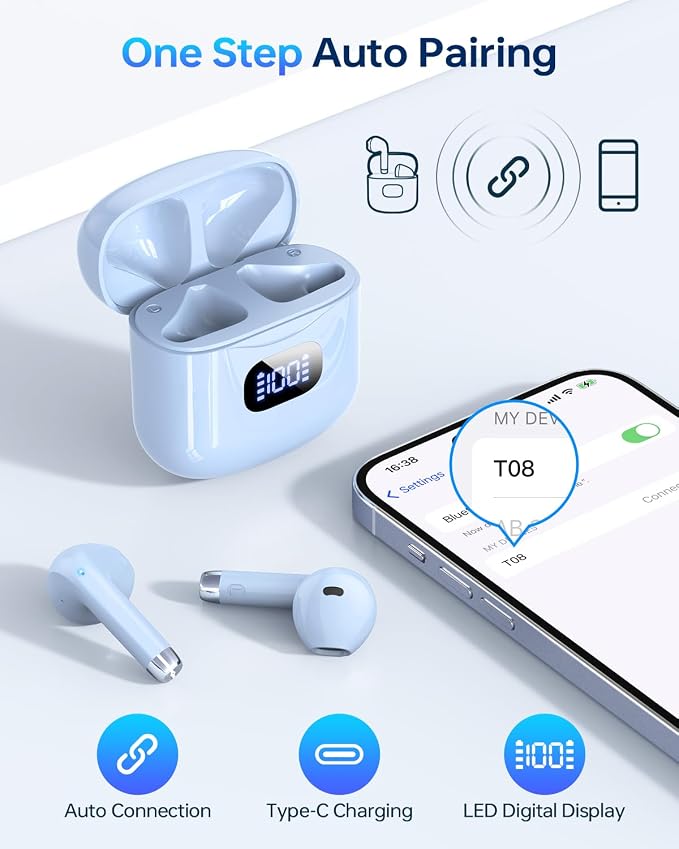 KTGEE Wireless Earbuds Bluetooth 5.3 Ear Buds Headphones, 40Hrs Playback | Stereo Sound, LED Display, IPX7 Waterproof, Compact In-ear Earphones with Mic for Phone Tablet Laptop Sport, Blue - Image 6