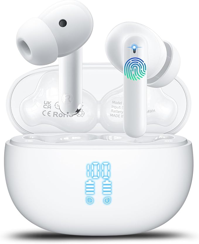 Wireless Earbuds, Bluetooth 5.4 Headphones Bass Stereo/Clear Calls, Ivory | Ear Buds with Noise Cancelling Mic LED Display in Ear Earphones Ai Translation Earbuds Real Time with 6 Translation Modes by Btootos