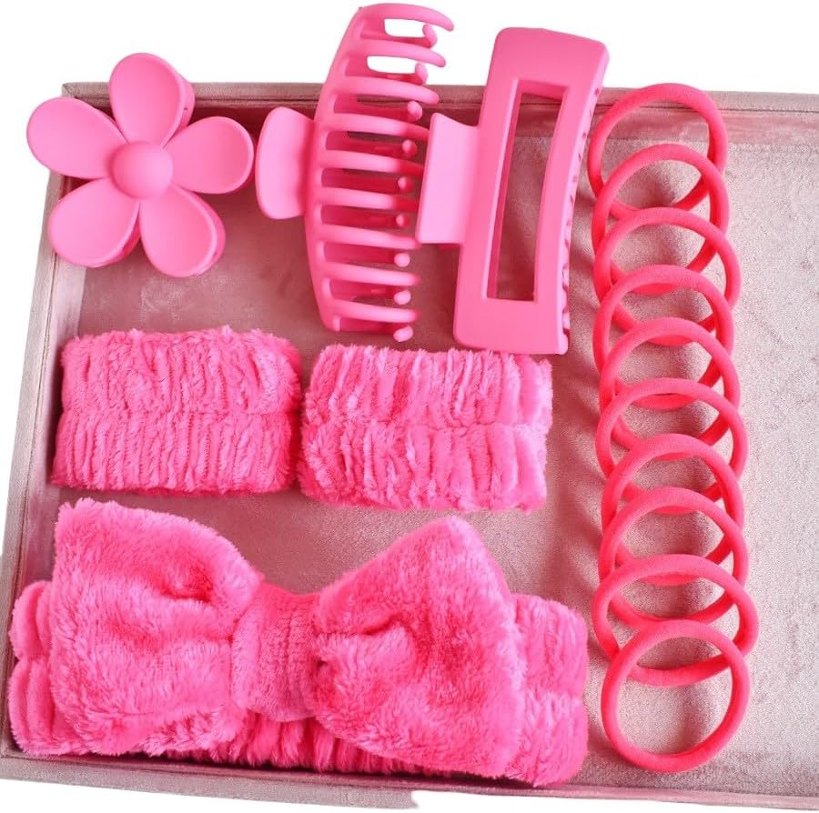 16pcs Skincare Headband Set, Headband Set for Face Washing Spa and Makeup, Including 1 Hairband, Wristband, 3 Hair Claw Clips and 10 Hair Ties, with Box, Gift for Women and Girls, Rose Red by Zaritaffy