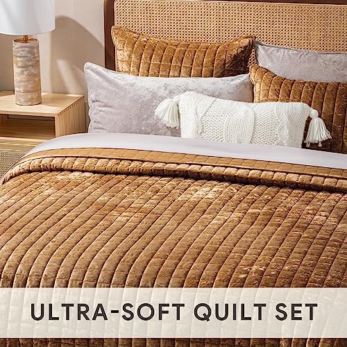 RECYCO Velvet Quilt Set, Oversized California King 118"x106", Caramel Gold - Image 4