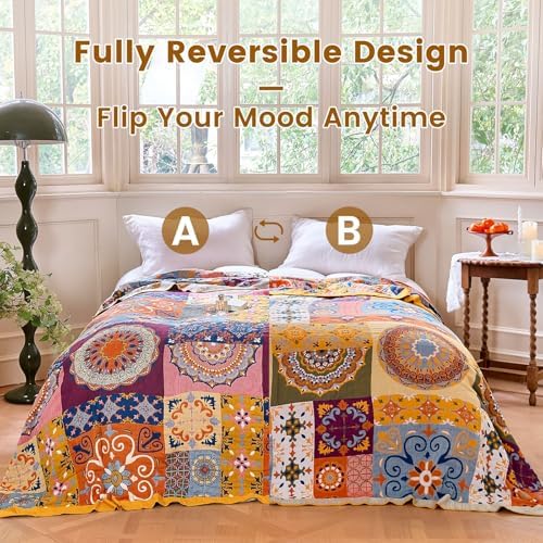MSGKV Boho Throw Blanket 90"x90" Summer Cotton Queen Roman Blanket for Bed - Image 4