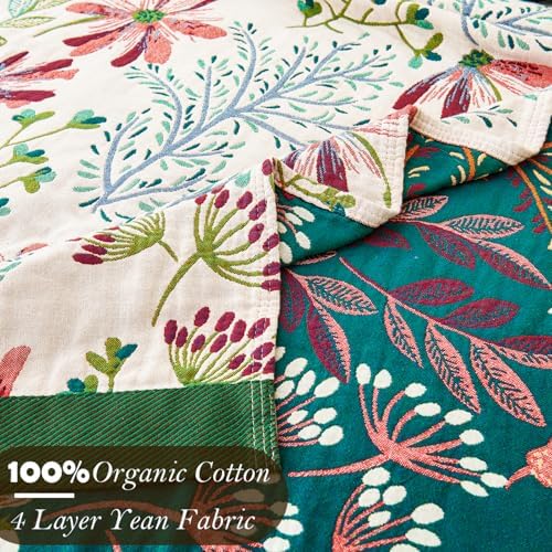 VANJOROY Boho Throw Blanket, 100% Organic Cotton Breathable Ultra Soft 80" x 90" Bed Quilt Throw - All Season Floral Rustic Farmhouse Decor Luxury Reversible Blanket for Sofa Couch Chair and Gift - Image 5